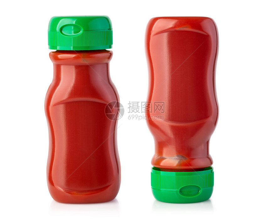 在白背景和剪切路径上隔离的数瓶番茄酱图片