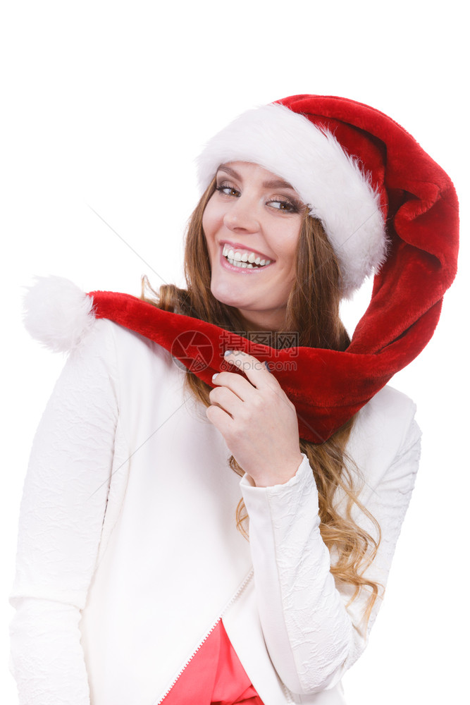 穿着圣达克萨斯帽子的女士自由而快乐地笑着欢的快乐女孩圣诞时光工作室拍到白人穿着圣达克萨斯帽子的女士自由而快乐地笑着图片