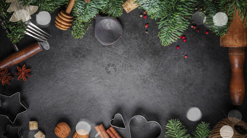 圣诞节烹饪背景假日烘烤烹饪原料圣诞节食品顶视图和复印空间圣诞节烹饪背景文字空间图片