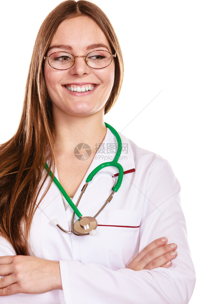 带着白大衣的听诊器微笑着容的女医生快乐专业保健援助白背景孤立无援图片