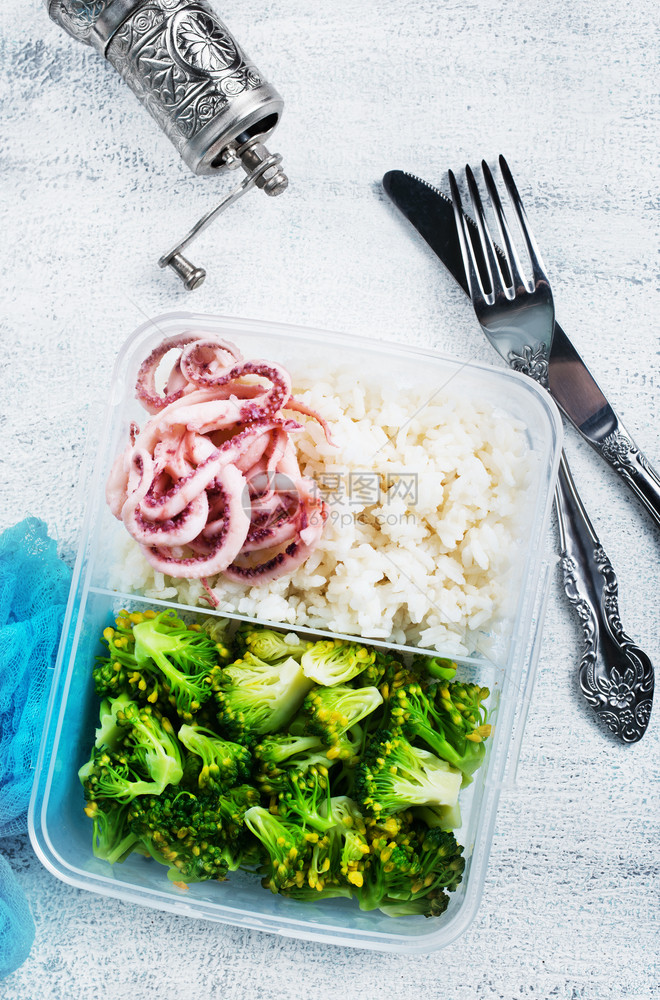 午餐盒食物海鲜和蔬菜食物午餐盒图片