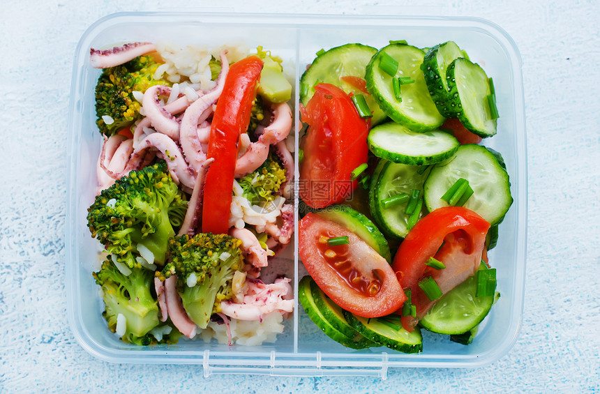 午餐盒食物海鲜和蔬菜食物午餐盒图片
