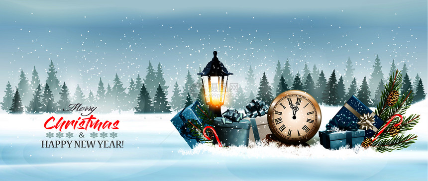 圣诞节全景冬季风礼物盒时钟矢量图片