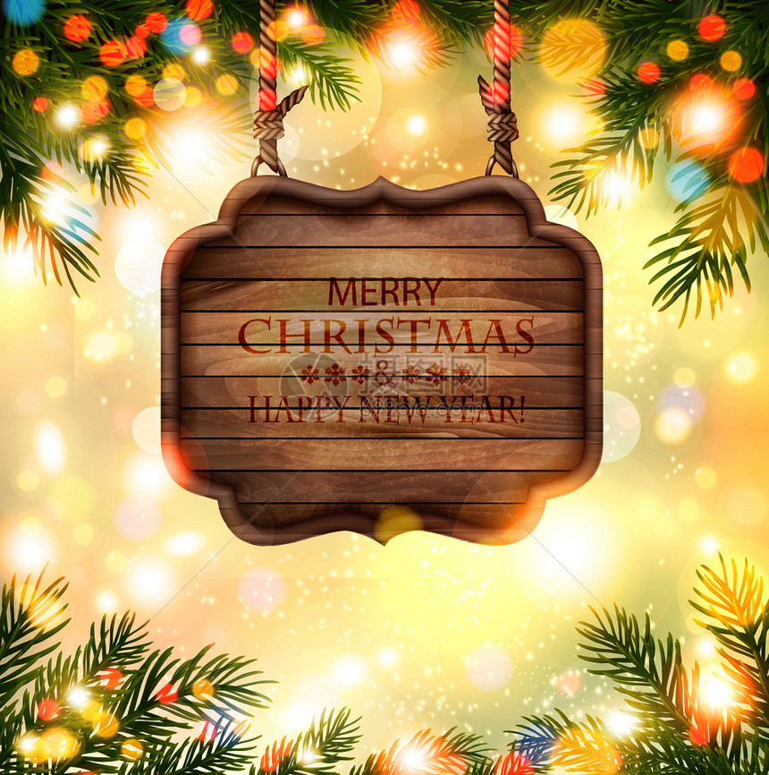 假日背景有树枝和木板的圣诞树枝和木板图片