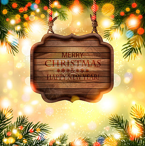 假日背景有树枝和木板的圣诞树枝和木板图片