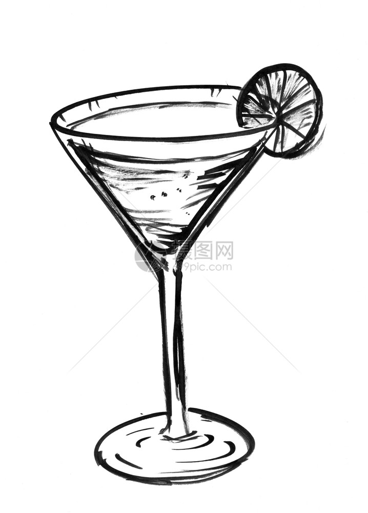 用鸡尾酒柠檬或切片绘制玻璃的黑色墨水画用鸡尾酒和利姆切片绘制玻璃图片
