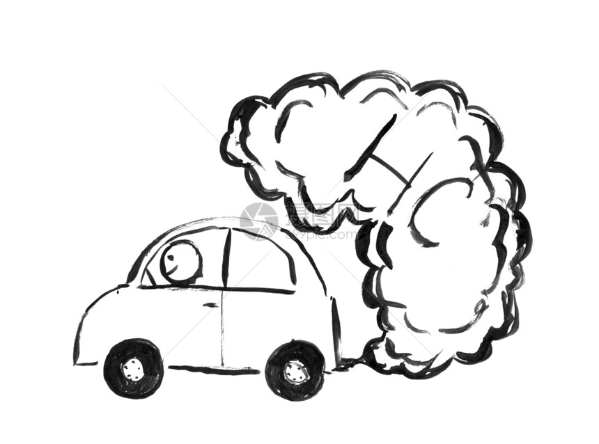 将汽车废气中产生的烟雾抽入空气中的黑刷和墨水艺术粗手绘二氧化硫污染或的环境概念图片