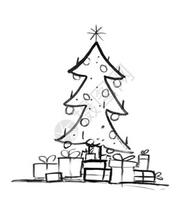 树画黑色画笔和墨水艺术粗糙的手画着装饰圣诞树和包装的礼品盒周围黑色墨水画着装饰的圣诞树和礼品盒背景