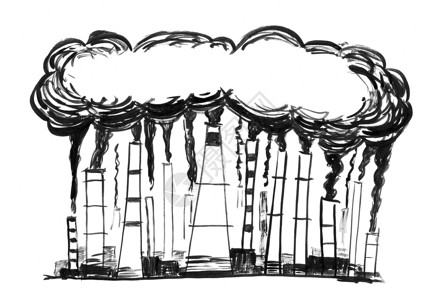 烟囱卡通工业或厂烟囱进入空气中的烟雾和囱的黑刷和墨水艺术粗手绘画空气污染的环境概念背景