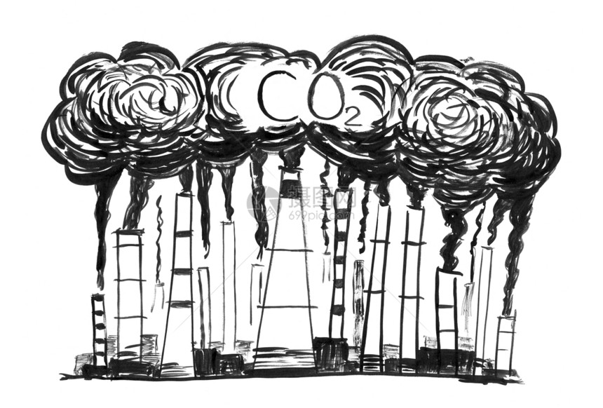 工业或厂烟囱进入空气中的烟雾或囱的黑刷和墨水艺术粗手绘画二氧化碳或空气污染的环境概念黑墨甘格手抽烟工业概念或厂CO2空气污染图片