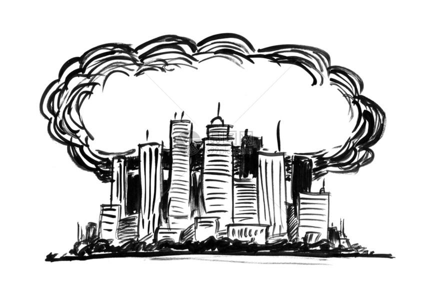 黑刷子和墨水绘制高升楼和覆盖城市的烟雾有毒和致命空气污染的环境概念黑墨胶画由烟雾和空气污染覆盖的城市图片