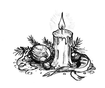 黑笔和墨水艺术粗糙的手蜡烛和圣诞装饰图片