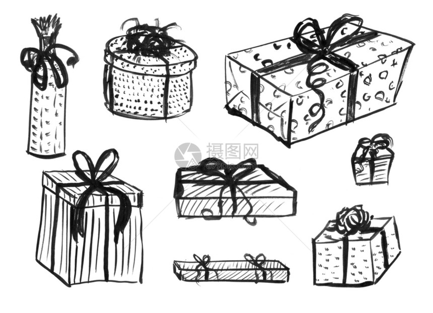 黑色刷子和墨水艺术粗手绘画成套或收藏的包装圣诞礼品盒黑色墨水手绘画一套包装圣诞礼品盒图片