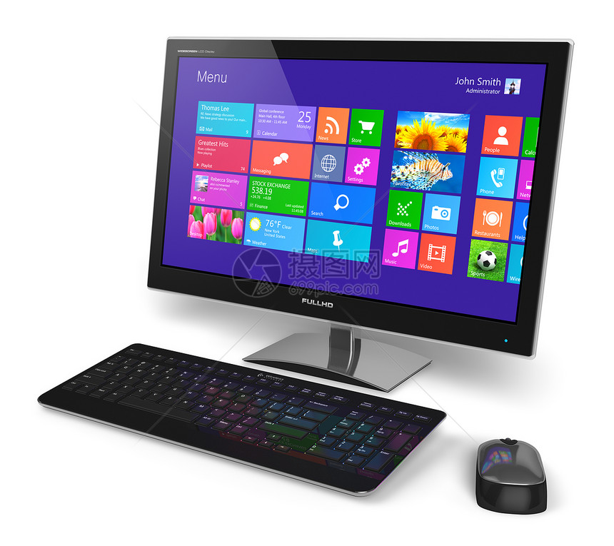 现代办公业务台式计算机PC系统监测器与颜色图标键盘和白背景孤立的鼠和键盘触摸屏幕接口图片