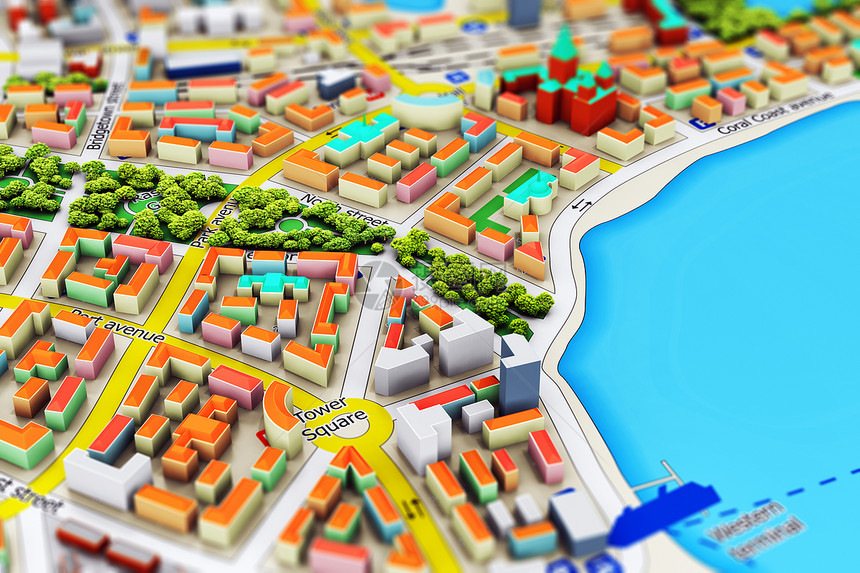 创造抽象的全球定位系统卫星导航旅行游和地点路线规划业务概念带有三维建筑的微型彩色城市宏观点有选择重效果图片