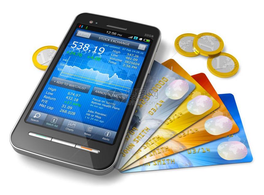 移动银行和金融概念具有证券交易所市场应用的智能手机彩色信用卡和白背景孤立的金欧元硬币组合图片
