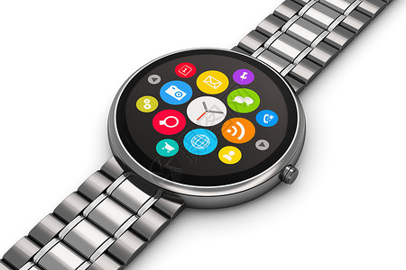 具有创意的抽象商业流动和现代移式可穿戴装置技术概念黑色不锈钢奢侈品数字智能手表或时钟与白色背景孤立的应用图标按钮和钛手镯配彩色屏背景图片