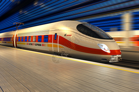 现代高速火车在夜间从站出发运动效果模糊图片