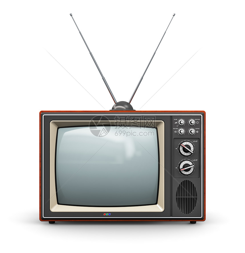 具有创意的抽象通信媒体和电视商业概念旧的彩色木家用电视接收器天线在白色背景上隔离图片