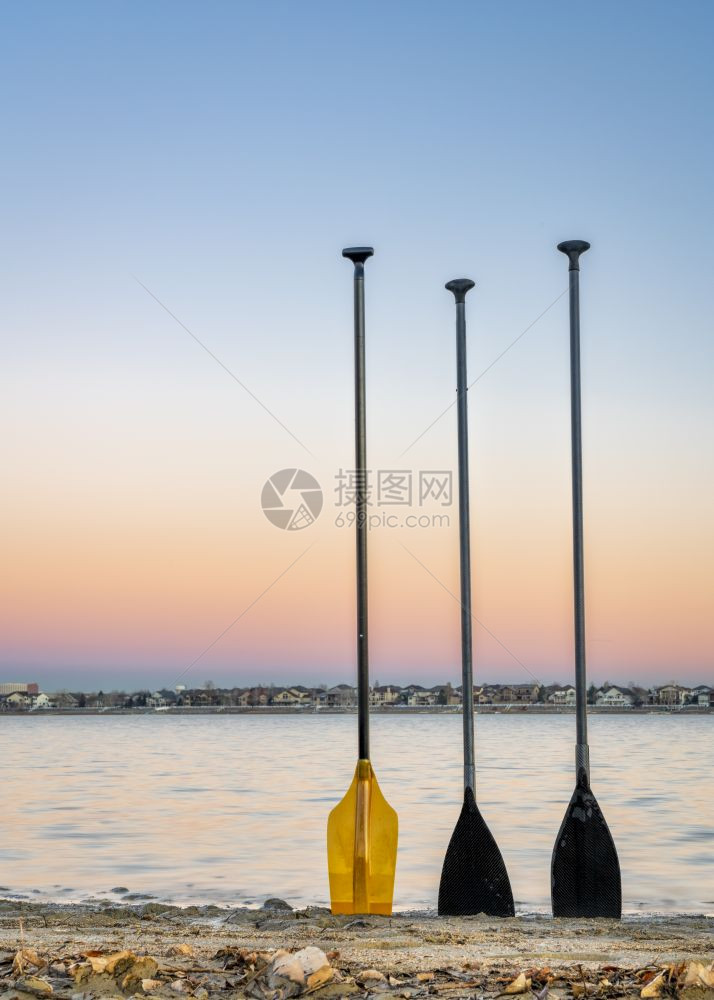 黄昏时在湖边的岸上站起三条长的桨图片
