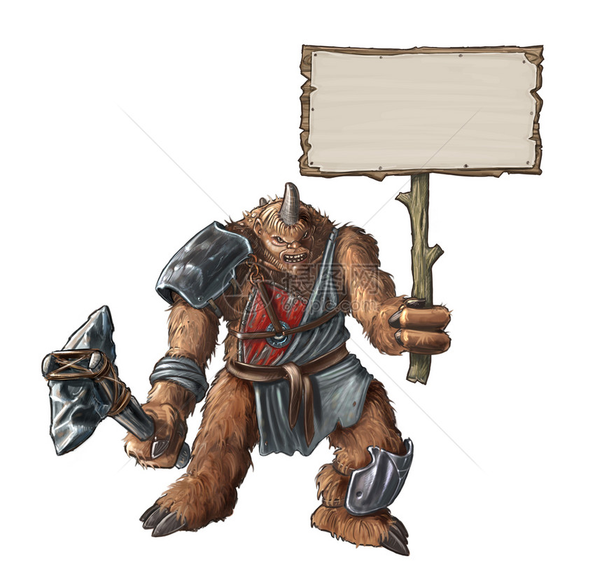 概念艺术数字幻想画或巨型怪兽战士的图画用石斧握着空标牌的石头斧作为文本的空标图片