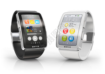 创意商业流动和现代移式可穿戴设备技术概念两个颜色数字智能手表或时钟在白色背景上隔离带有反射效果的多彩屏幕界面背景图片