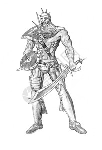 黑色和白粗铅笔绘画幻想的野蛮战士或斗用和盾牌高清图片