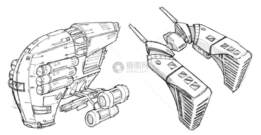 绘画两艘未来宇宙飞船或航天器的图画图片