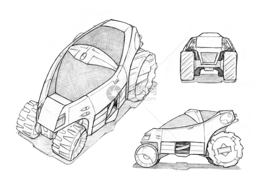 黑色和白铅笔概念画小型未来或Scifi汽车离路虫设计图画三个角度前方侧面和视角笔概念画小型未来离路汽车设计图片
