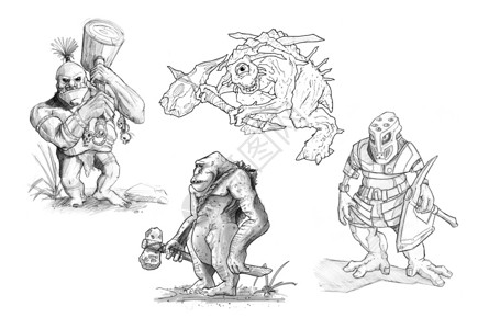 食人族一套黑白铅笔或各种幻想怪物和生的墨水画背景