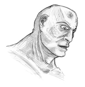 黑色和白粗的红铅笔绘画出有表情的男头部和面孔表示惊讶或震图片
