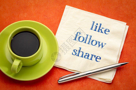 分享社交媒体概念手写在餐巾纸上加一杯咖啡背景图片