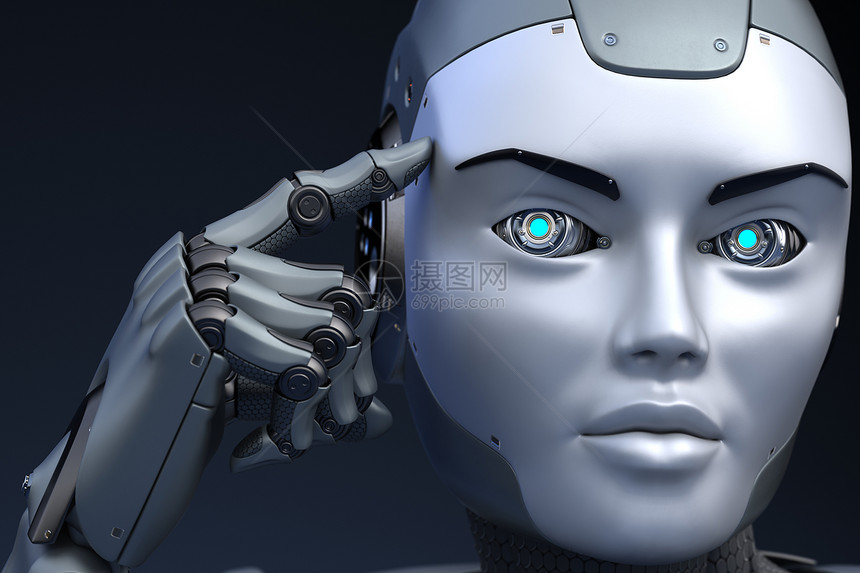 机器人握着一个手指靠近头部3D插图机器人握着一根手指靠近头部图片
