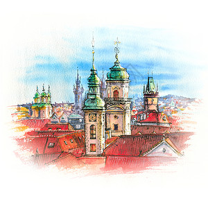 布拉格旧城水彩画图带有教堂的圆顶捷克波德塔老城大厅的钟捷克布拉格水彩图背景图片