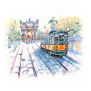 米兰设计展阳光明媚的一天意大利伦巴迪亚米兰老城中心的著名古董电车和平之王或背景的ArcodellaPace背景