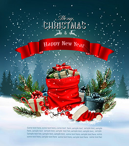 圣诞假背景红色麻袋满的礼物矢量图片