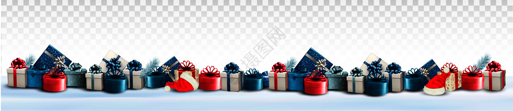 圣诞节全景有丰富多彩的礼物盒和树枝透明背景矢量图片