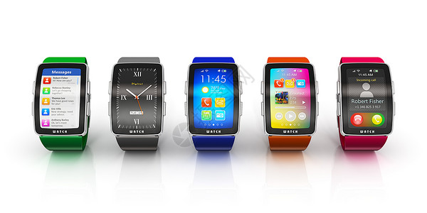 创意商业流动和现代移式可穿戴装置技术概念收集彩色数字智能手表或时钟在白色背景和反射效果上隔离的多彩屏幕界面背景图片
