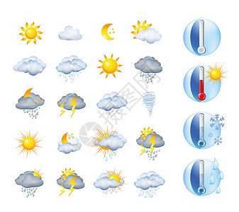 天气符号素材与温度计和天气预报一起设置说明符号和气象学候背景