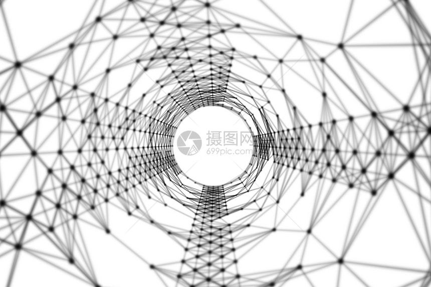 白色带网络连接线路的黑隧道数字计算机技术概念的高背景速度移动3d抽象插图图片