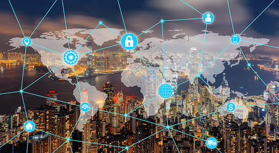 互联网世界地图香港市中心世界带有信息模板网络连线wifi智能手机图标以及智能城市概念中未来的数字技术背景