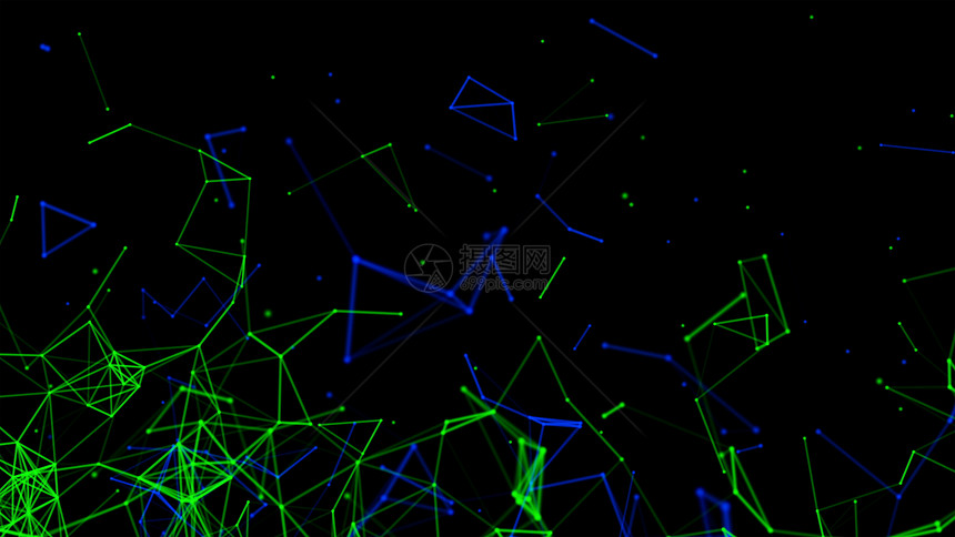 蓝和绿色数字据网络连接的蓝绿色数字据网络连接三角线和未来技术概念中的黑背景领域3个抽象插图图片