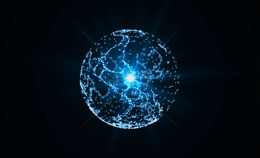 地球和光蓝形状带有数字据和网络连接三角线用于在黑背景上分离的技术概念运动图形3d抽象插图图片