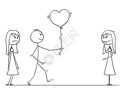 将爱情进行到底卡通棍描绘爱的男人或孩概念插图表明爱的男人或孩在爱情中选择将心形气球送给一个女人或孩而不是另一个女人或孩爱情竞争男人或孩把气球心插画