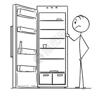 卡通打开冰箱找食物的火柴人矢量插图图片
