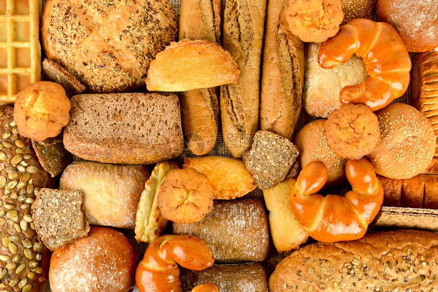 面包和卷饼的顶端景色健康的食物背景图片