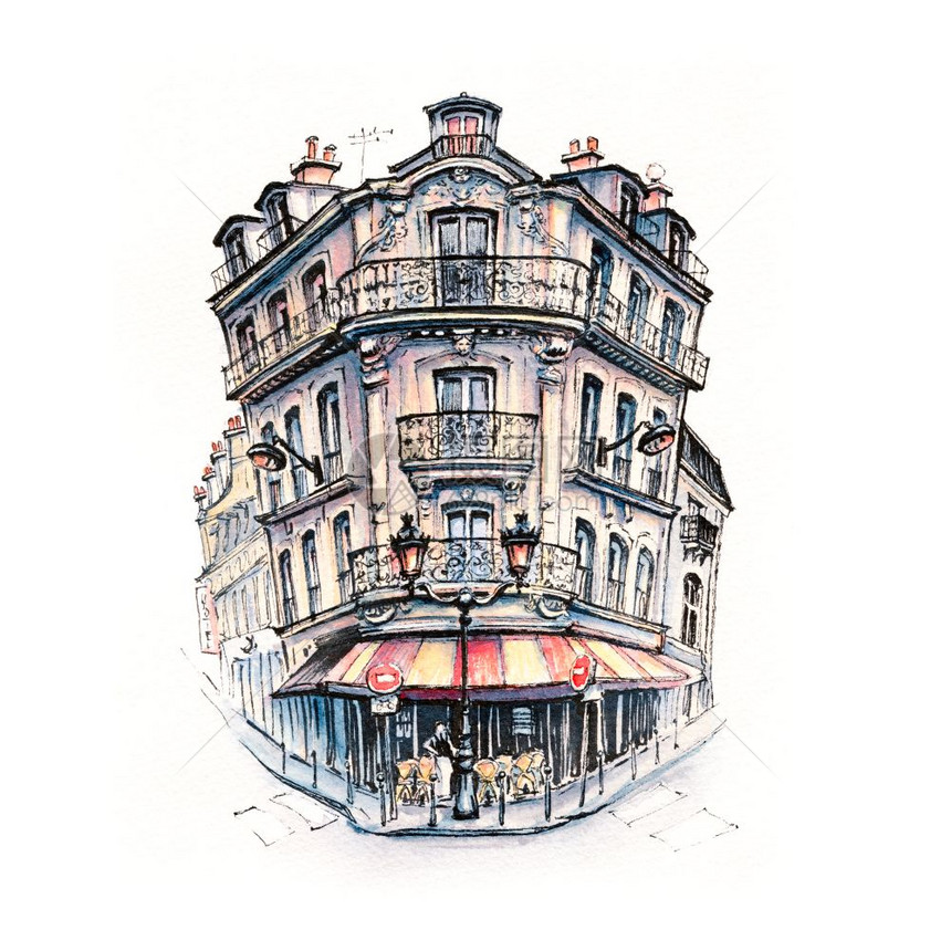 法国巴黎有咖啡馆和灯笼的典型法国巴黎公寓典型的房子图片
