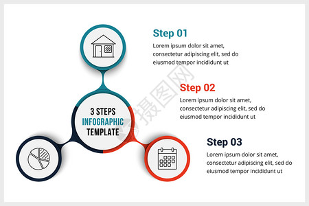 包含三个元素的圆形信息图模板可用作进程图步骤选项矢量eps10插图图片