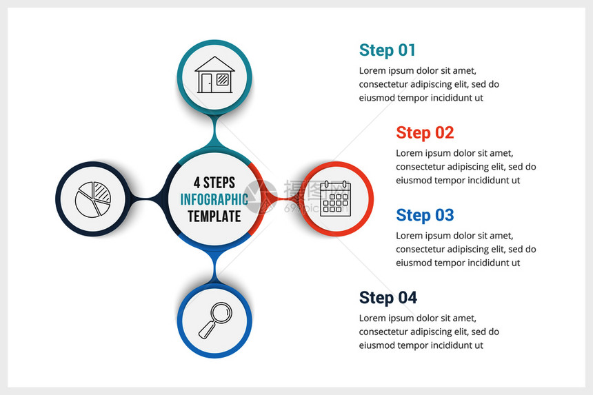 包含四个元素的圆形信息图模板可用作进程图步骤选项矢量eps10插图图片