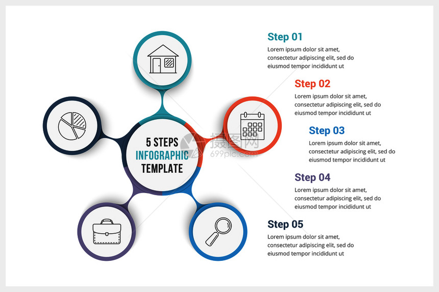 包含五个元素的圆形信息图模板可用作进程图步骤选项矢量eps10插图图片